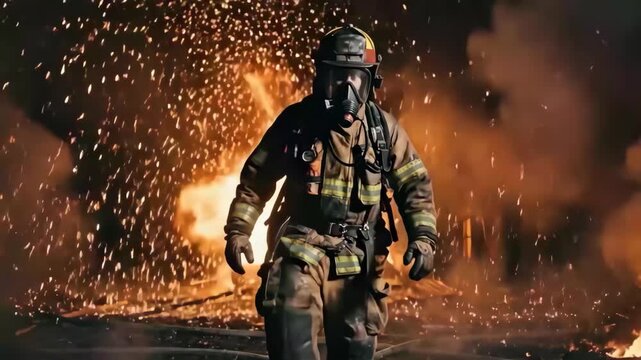 Brave firefighter protective gear walking through sparks and flames firefighter gear walks past