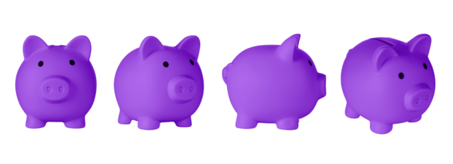 Set Piggy bank pig Purple, violet color on isolated white background close up