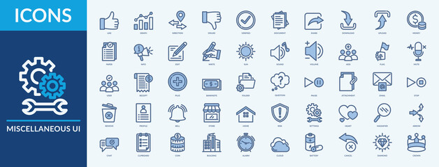 Miscellaneous UI - Icon Collection. Thin Line Blue Set contains such Icons as like, graph, direction, dislike and more. Simple web icons set