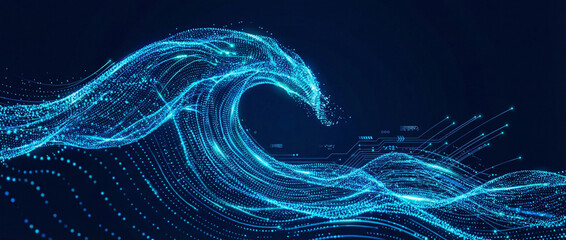 Abstract digital wave made of glowing blue particles and lines on a dark background, representing data flow and technological concepts.