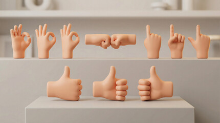 A collection of 3D rendered cartoon hands displaying various gestures like OK, fist bump, pointing, and thumbs up on white shelves.