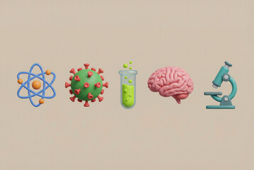A row of 3D rendered science icons including an atom, virus, test tube, brain, and microscope on a neutral background.