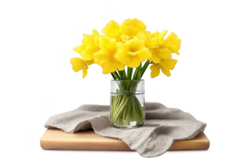 Yellow daffodils bouquet in glass vase on wood board
