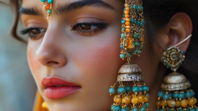 Elegant close-up of intricate Indian earring jewellery showcasing vibrant colors on a model with striking features and traditional attire