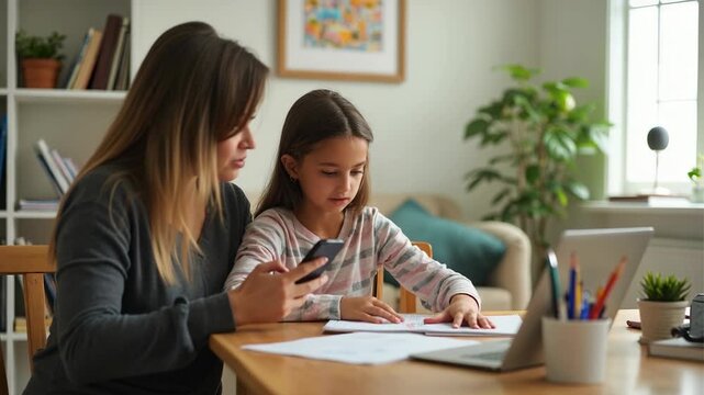 Work-family balance. Single mother talking by smartphone and her daughter drawing at wooden table indoors.