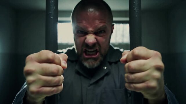 Aggressive male inmate gripping prison bars in concrete jail cell. Criminal justice and incarceration concept. Forward camera movement with close-up.
