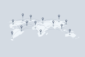 World map with location pins and connection lines representing global logistics and tracking. Flat vector illustration of international shipping, supply chain, and global trade. © Me_Studio