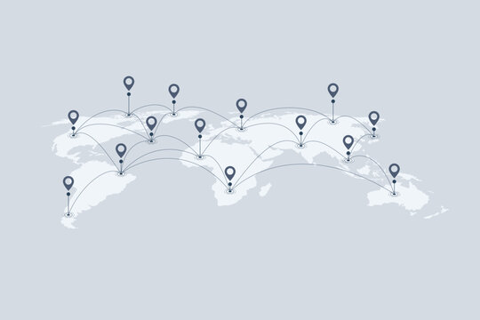 World map with location pins and connection lines representing global logistics and tracking. Flat vector illustration of international shipping, supply chain, and global trade.