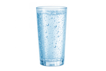 Glass of sparkling cold water with condensation and bubbles, refreshing drink for hydration, transparent background