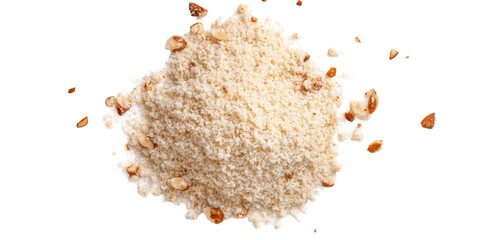 A Pile of Finely Ground Almond Flour with Crushed Pieces of Toasted Almonds Exploding Outward Isolated on a Transparent Background