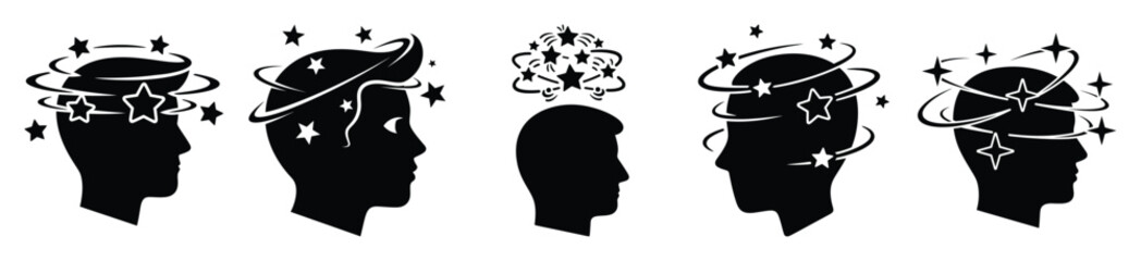 Silhouette of cartoon dizzy stars vector icon set. Funny silhouette design vector stock illustration