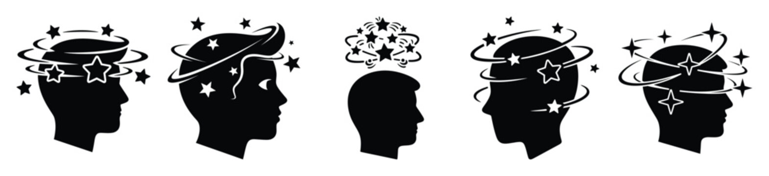 Silhouette of cartoon dizzy stars vector icon set. Funny silhouette design vector stock illustration