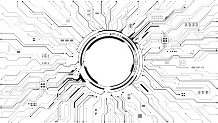 Black circuit lines radiate from central tech portal on a transparent background. Modern chip design with electric wires spreading outward. Digital semiconductor concept illustration. Circle HUD