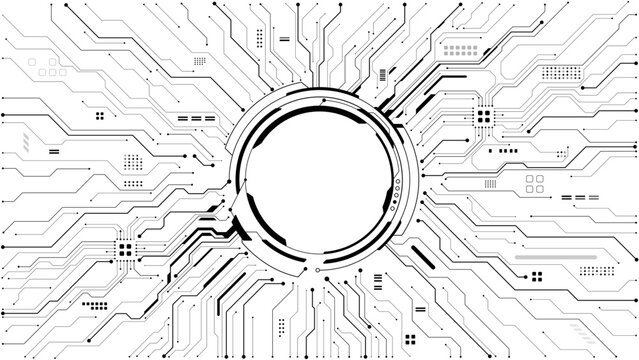 Black circuit lines radiate from central tech portal on a transparent background. Modern chip design with electric wires spreading outward. Digital semiconductor concept illustration. Circle HUD