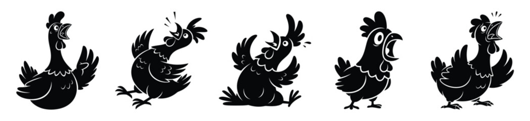 Silhouette of cartoon shocked chicken vector icon set. Funny silhouette design vector stock illustration © Pallobroy