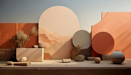 Minimalist desert aesthetic stage display featuring geometric shapes and natural earthy tones for product presentation