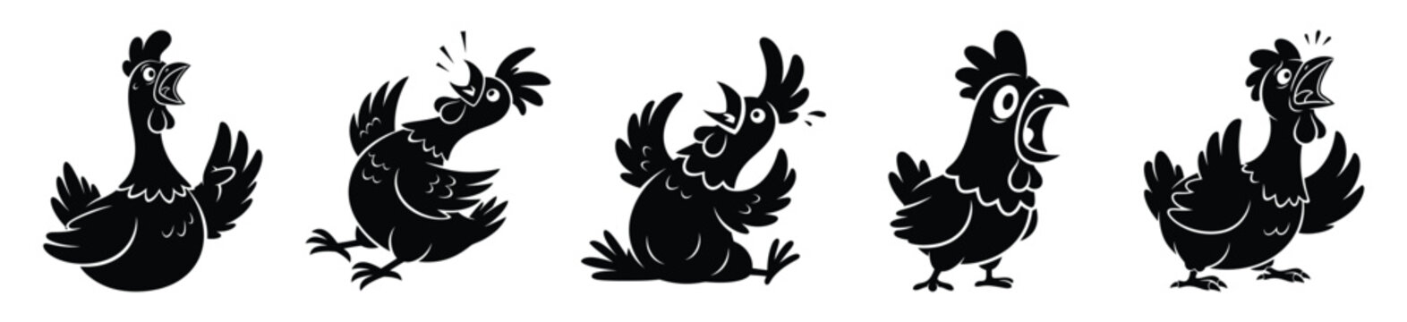 Silhouette of cartoon shocked chicken vector icon set. Funny silhouette design vector stock illustration