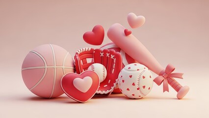 Pink baseball bat, glove, and basketball with hearts. Sport-themed collection for Valentines Day. Love connection passion game.