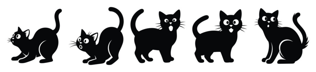 Obraz premium Silhouette of comedic surprised cat vector icon set. Funny silhouette design vector stock illustration