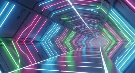 Futuristic neon light tunnel with glowing pink, green, and blue lines in a scifi corridor