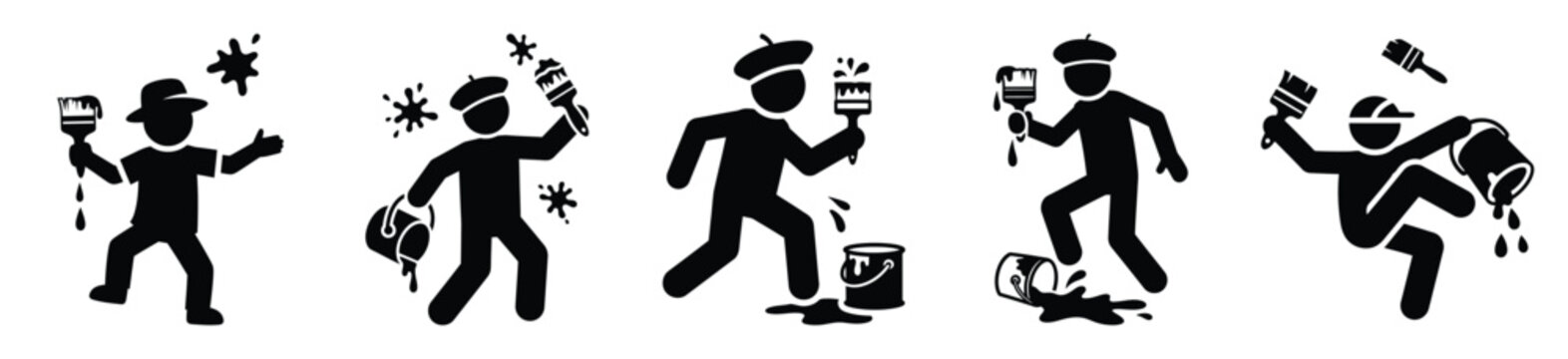 Silhouette of funny clumsy painter vector icon set. Funny silhouette design vector stock illustration