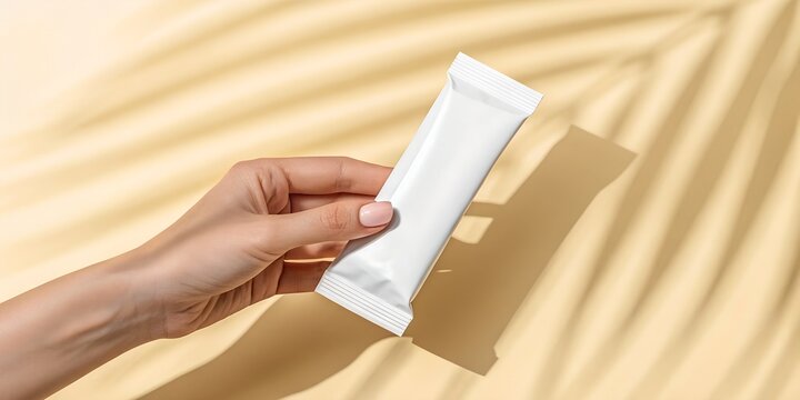Hand Holding Blank White Stick Pack Mockup with Tropical Palm Shadow