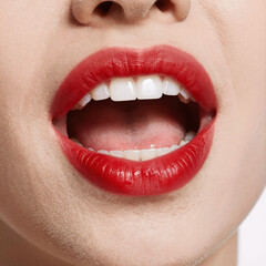 Fototapeta premium Isolated portrait of a woman with red lips, kiss smile, tongue and teeth on white background