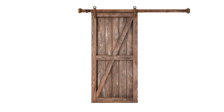 An Old Weathered Wood Barn Door with a Classic Z Brace Design and Antique Sliding Track Hardware Isolated on a Transparent Background.