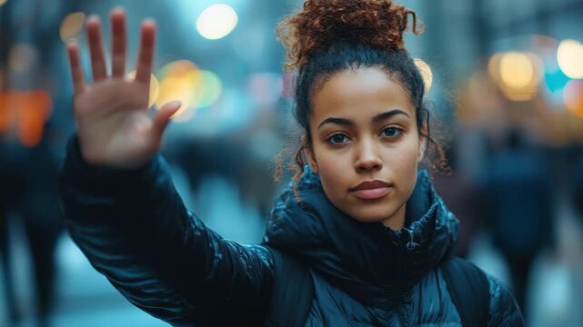 Black woman protesting with a stop hand sign during a city demonstration in the evening, surrounded by blurred figures and urban lights