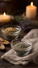Fototapeta premium Glass Bowls With Herbal Powders, Candles Creating Warm Ambient Glow, Linen Cloth And Wooden Spoons Arranged On Rustic Wood Surface For Calming Aromatherapy Ritual And Spa
