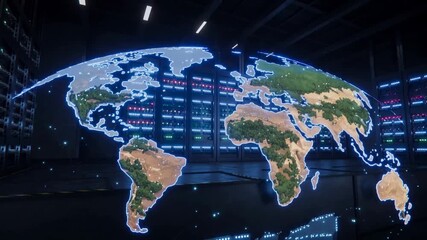 Server racks with flashing indicator lights revealing holographic world map. Global data network and cloud computing infrastructure. Tilting camera movement. - Powered by Adobe