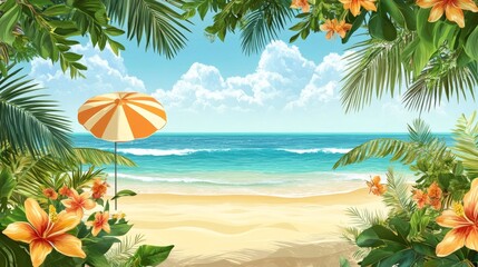 Tropical beach scene with golden sand and blue waters coastal paradise digital art serene atmosphere vibrant colors relaxation concept