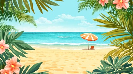 Tropical beach scene with golden sand and blue water serene environment landscape illustration coastal viewpoint