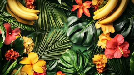 Tropical nature border featuring realistic bananas and vibrant flowers lush greenery still life close-up view exotic beauty