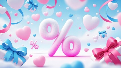Fototapeta premium Pink fluffy percent sign with hearts and gift boxes. Valentines Day sale and discount promotion concept for advertising and holiday.