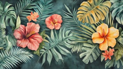 Tropical watercolor floral patterns featuring hibiscus and ferns vibrant design for home decor exotic environment artistic perspective