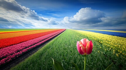 Vibrant tulip field in full bloom netherlands nature photography colorful landscape captured from above spring beauty
