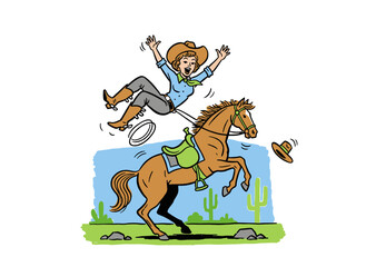 Cowgirl falling off horse illustration. Wild West rodeo show artwork. Humorous vintage horse rider design for t shirt print, poster, sticker, backgrou