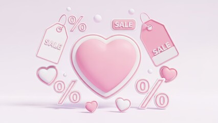 Pink hearts, sale tags, and percentage symbols for Valentines Day marketing campaign. Shopping event and promotion for holiday season. Special offer.