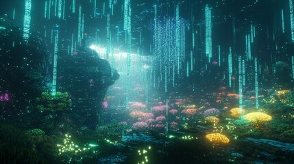 Exploring a vast digital landscape in cyberspace a surreal underwater adventure virtual reality futuristic environment ethereal viewpoint