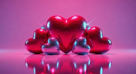 Red and silver disco ball hearts on a reflective pink surface creating a glamorous and festive atmosphere for Valentines Day.