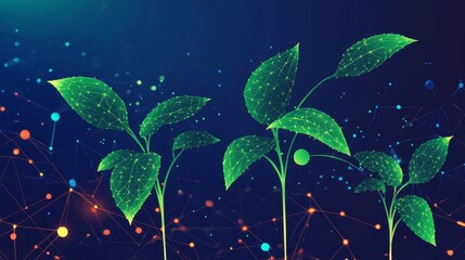 Emerging greenery intertwined plant growth in a digital cosmos abstract nature illuminated environment close-up view conceptual art