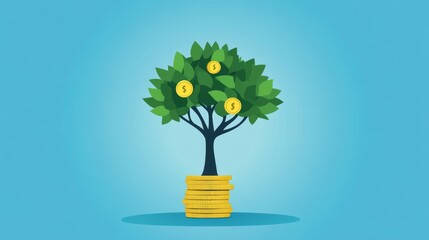 Tree of wealth financial growth illustration with coins business environment minimalist viewpoint for economic prosperity