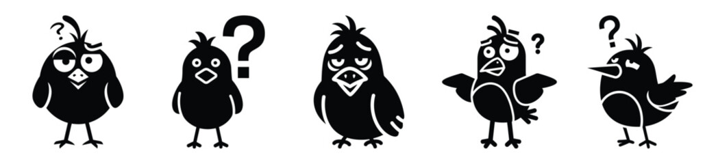 Silhouette of goofy confused bird vector icon set. Funny silhouette design vector stock illustration