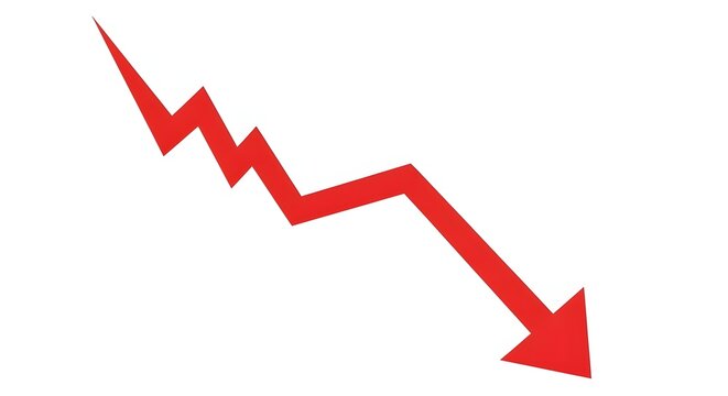 A red downward trending arrow graph on a white background indicating decline or decrease in value or performance