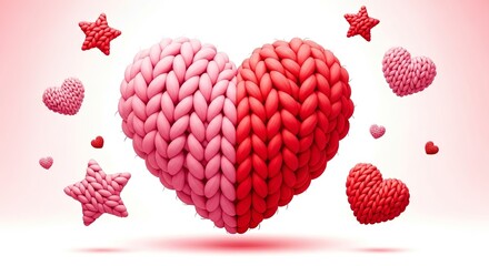Large knitted heart split red and pink with smaller hearts and stars floating. Romantic love and care concept for Valentines Day.