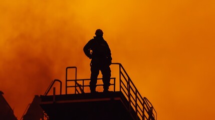 Brave firefighter silhouette against fiery orange sky emergency scene action shot urban environment dramatic perspective