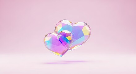 Two iridescent crystal hearts with colorful facets symbolizing love and romance on Valentines Day. Romantic transparent gem shapes on pink background.