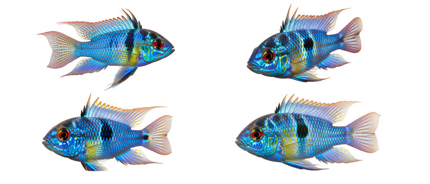 A collection of four vibrant Electric Blue Ram Cichlid fish isolated on a white background.