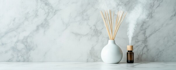 Fototapeta premium Aromatherapy Reed Diffuser on Marble, White Vase, Subtle Steam, Minimalist Home Fragrance, Spa Atmosphere, Calm Zen. Aromatherapy, Home Decor